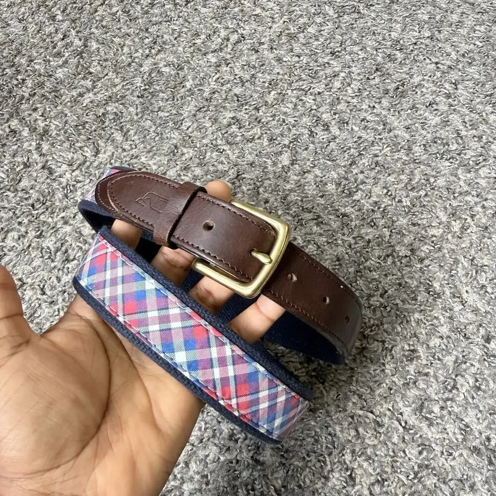 Vineyard Vines Men’s Belt Canvas Leather Club 40 Navy Red Plaid Brass Buckle